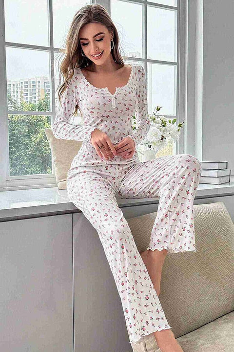 Merry See Çiçek Desenli Uzun Kollu Pijama Takımı Beyaz - görsel 5