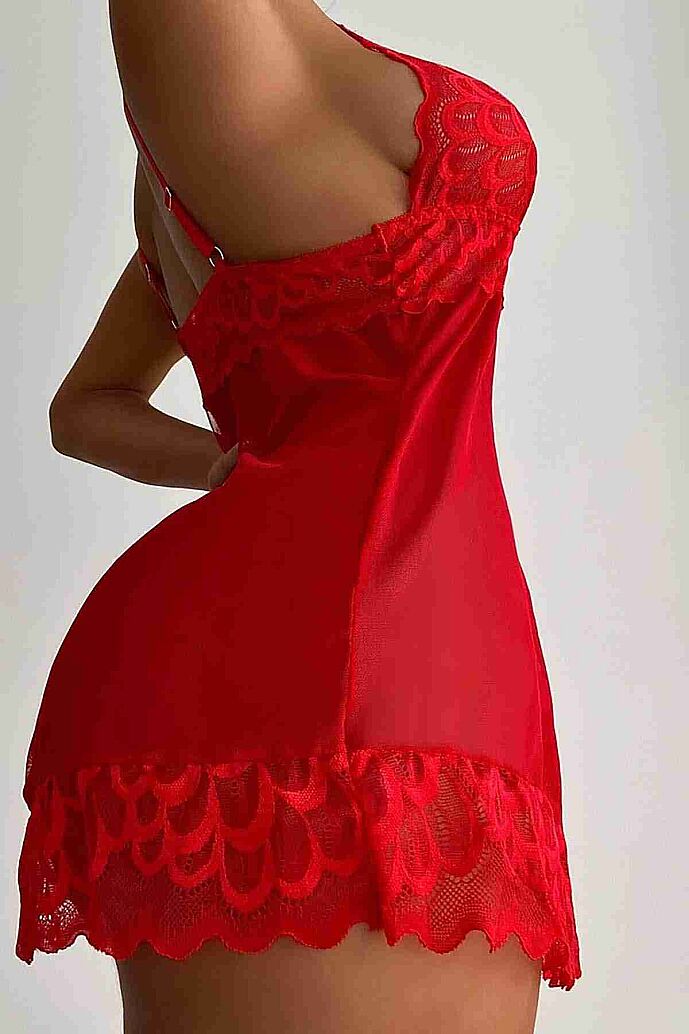 Merry See Dantel Babydoll Gecelik Takım Kırmızı - görsel 4