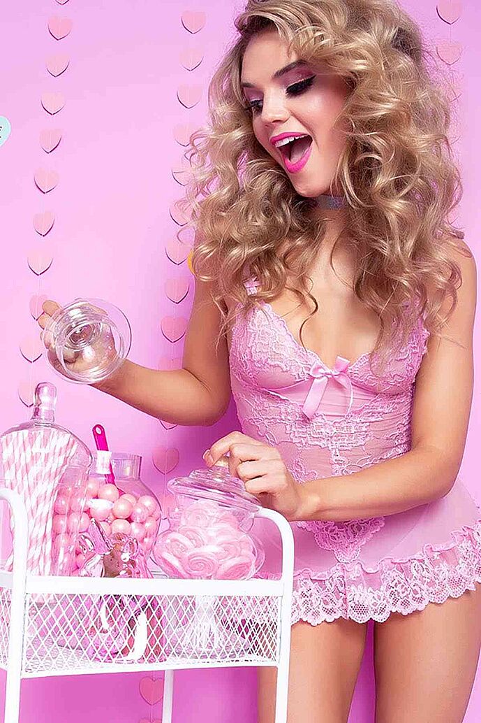 Merry See Dantel Gecelik Babydoll İç giyim Pembe - görsel 1