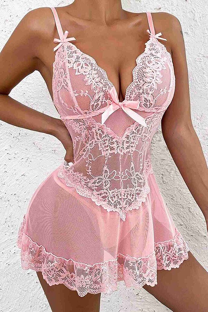 Merry See Dantel Gecelik Babydoll İç giyim Pembe - görsel 8