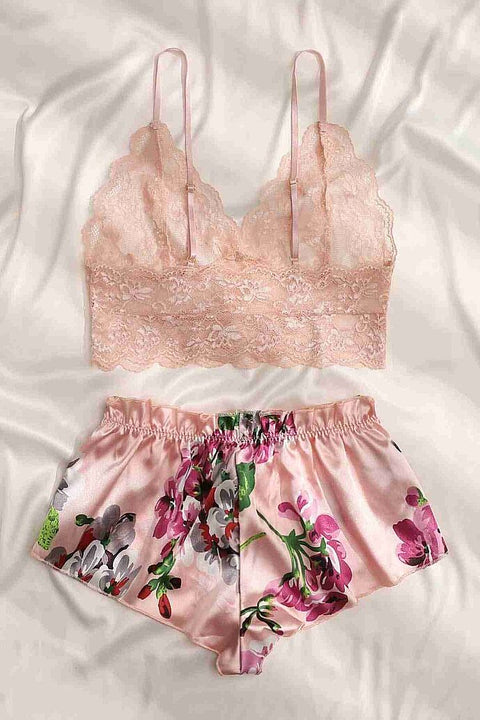 Merry See Dantel Büstiyerli Çiçekli Sütyen Şort Pijama Takımı Çok Renkli - görsel 2