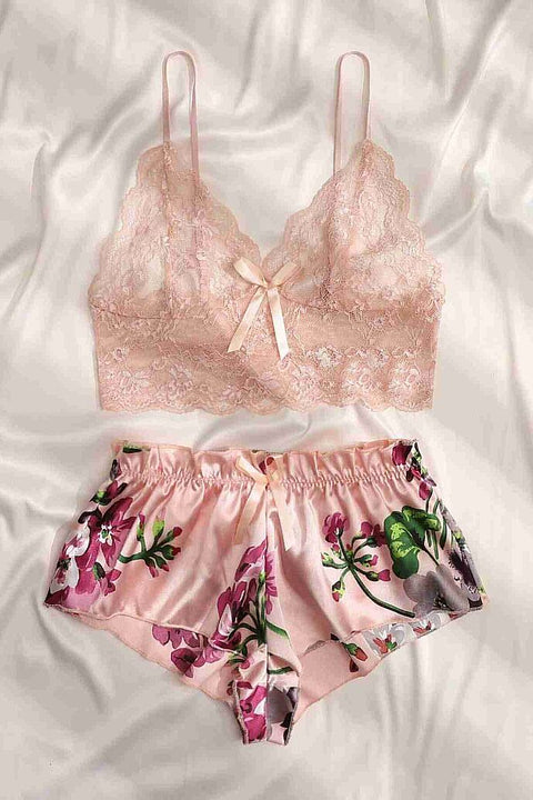 Merry See Dantel Büstiyerli Çiçekli Sütyen Şort Pijama Takımı Çok Renkli - görsel 3