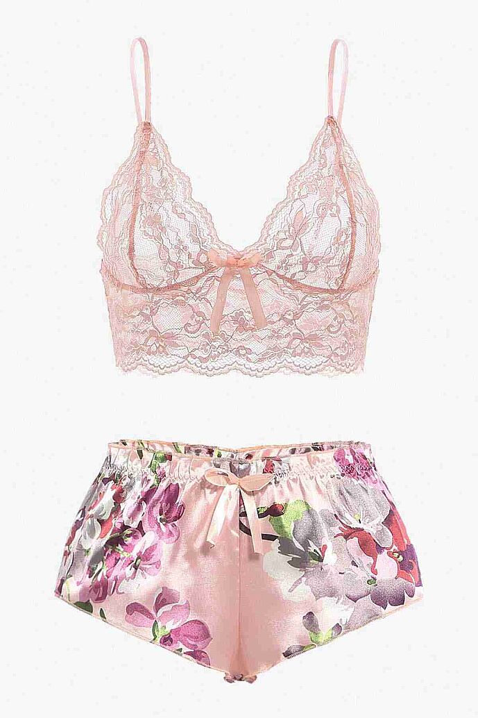 Merry See Dantel Büstiyerli Çiçekli Sütyen Şort Pijama Takımı Çok Renkli - görsel 6
