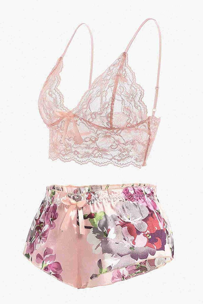 Merry See Dantel Büstiyerli Çiçekli Sütyen Şort Pijama Takımı Çok Renkli - görsel 8