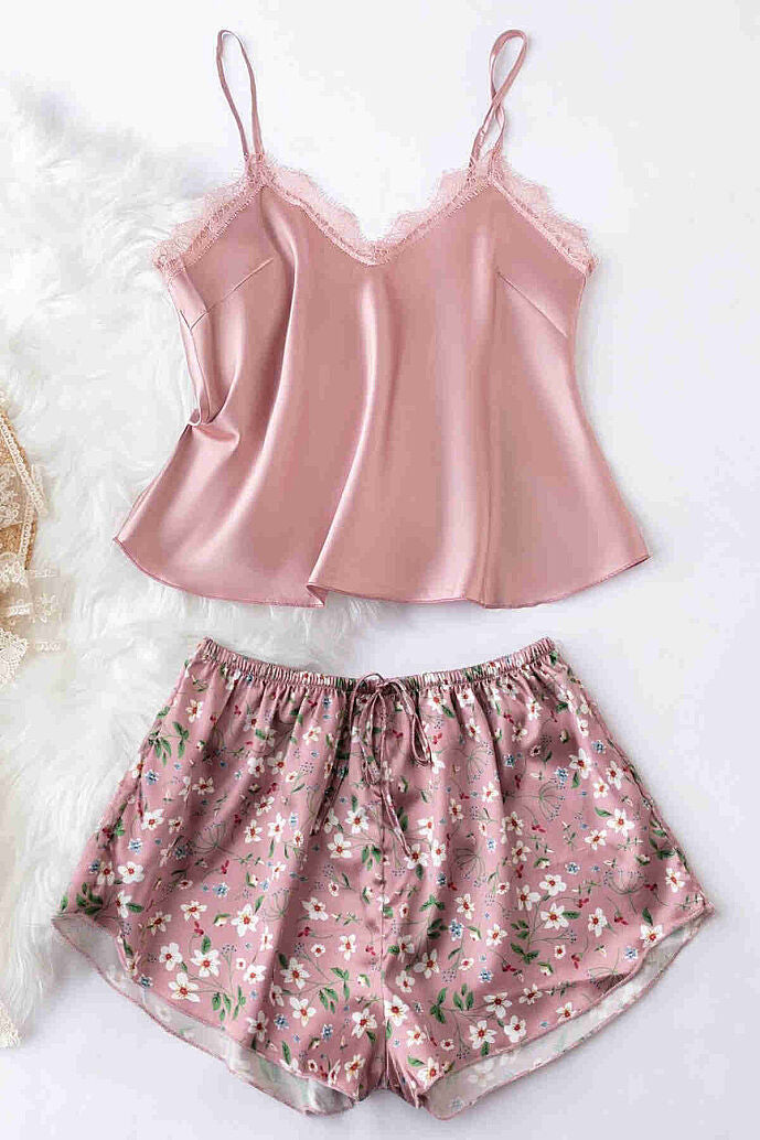 Merry See Dantel İşlemeli Çiçek Desenli Şort Pijama Takımı Pembe - görsel 1