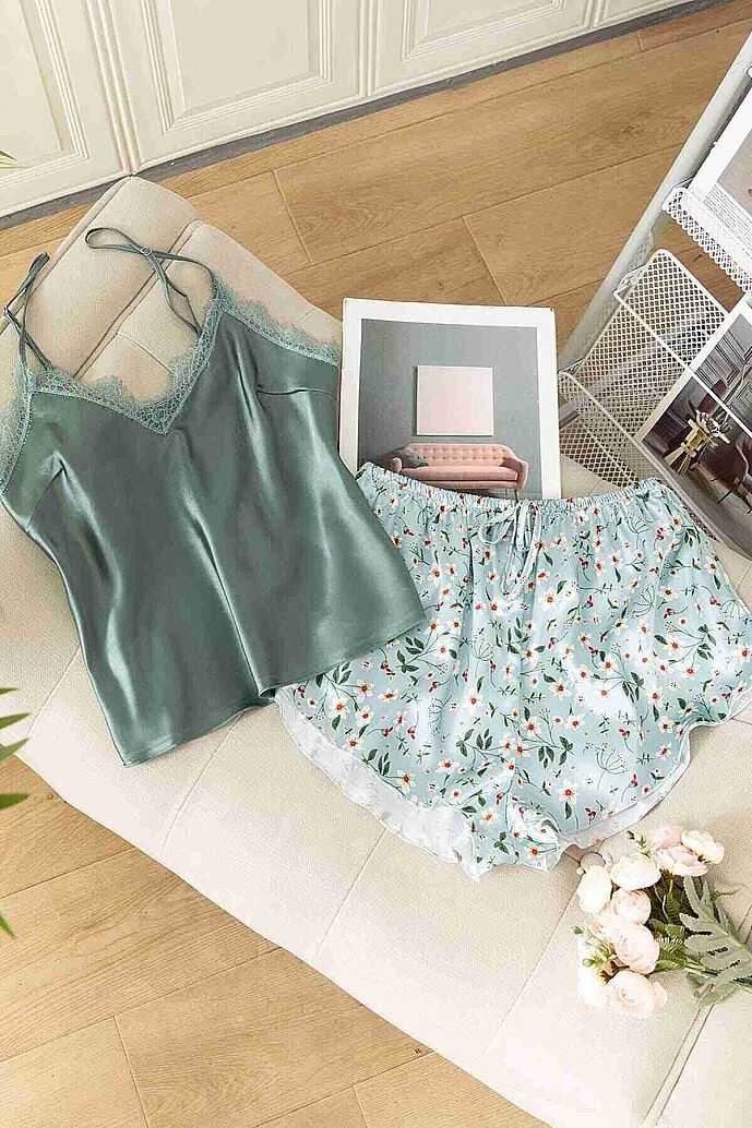 Merry See Dantel İşlemeli Çiçek Desenli Şort Pijama Takımı Yeşil - görsel 1