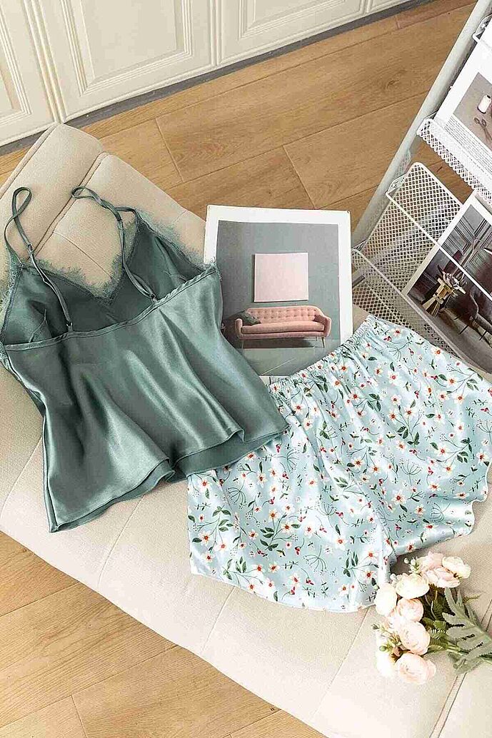 Merry See Dantel İşlemeli Çiçek Desenli Şort Pijama Takımı Yeşil - görsel 2