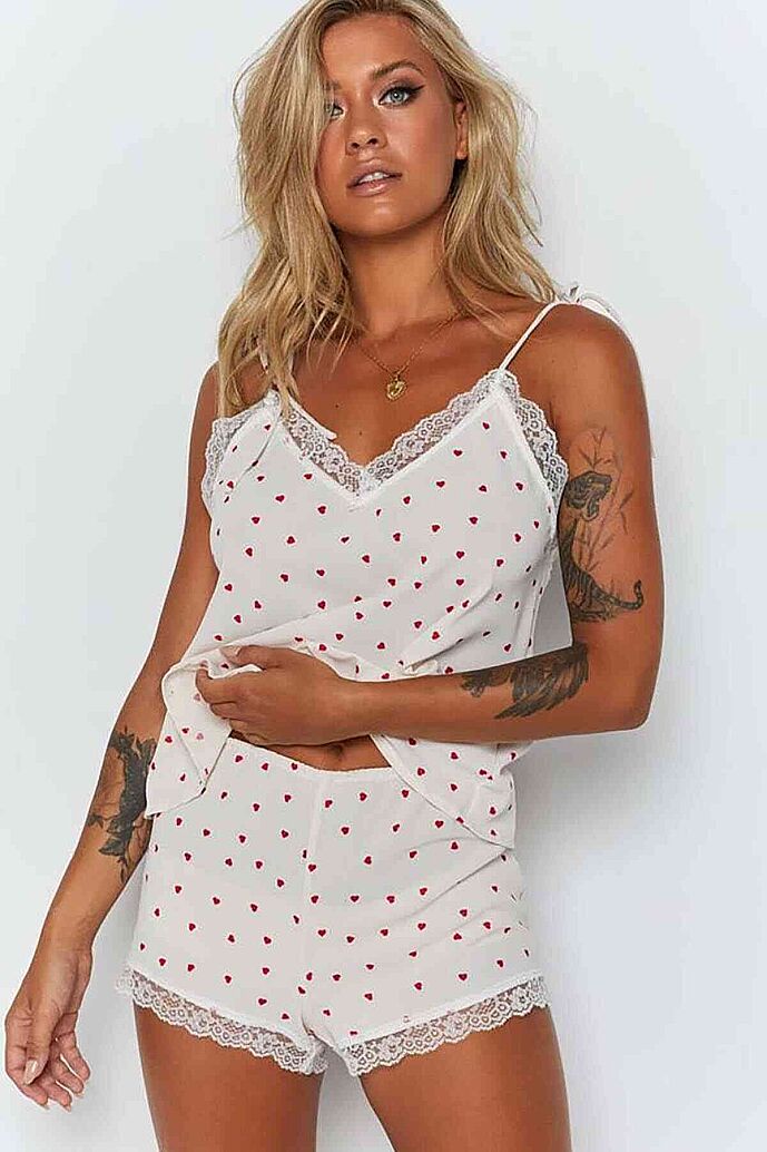 Merry See Dantel İşlemeli Kalpli Şortlu Pijama Takım Beyaz - görsel 4