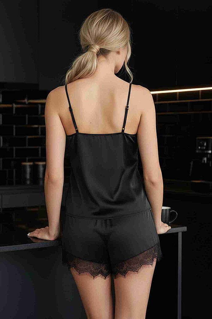Merry See Dantel İşlemeli saten Şortlu Pijama Takım Siyah - görsel 3