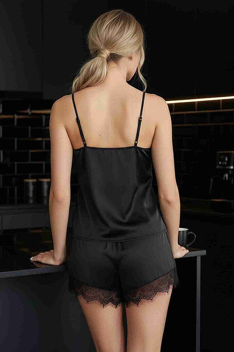 Merry See Dantel İşlemeli saten Şortlu Pijama Takım Siyah - görsel 3