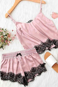Merry See Dantel İşlemeli Saten Sortlu Gecelik Pijama Takım Pembe - görsel 1