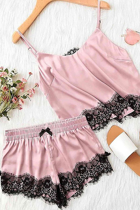 Merry See Dantel İşlemeli Saten Sortlu Gecelik Pijama Takım Pembe - görsel 1