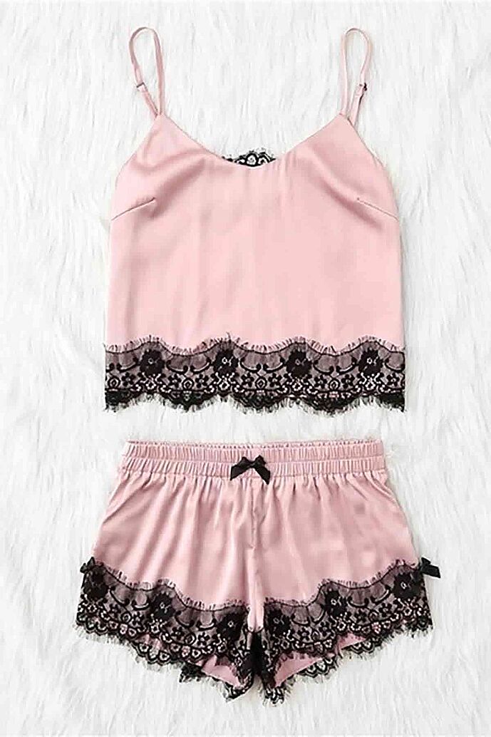 Merry See Dantel İşlemeli Saten Sortlu Gecelik Pijama Takım Pembe - görsel 4