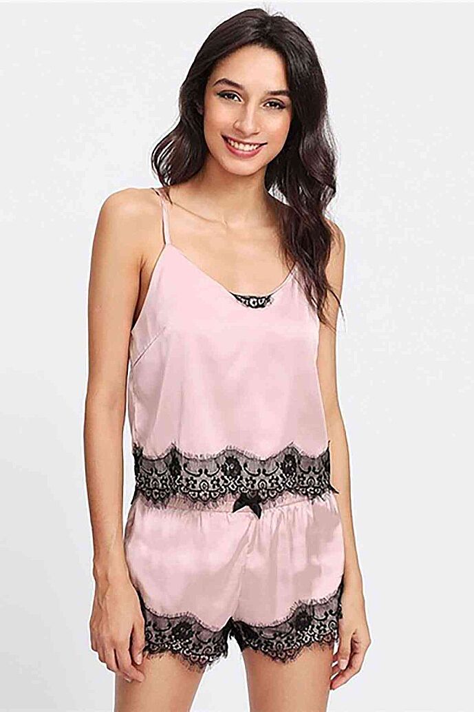 Merry See Dantel İşlemeli Saten Sortlu Gecelik Pijama Takım Pembe - görsel 6