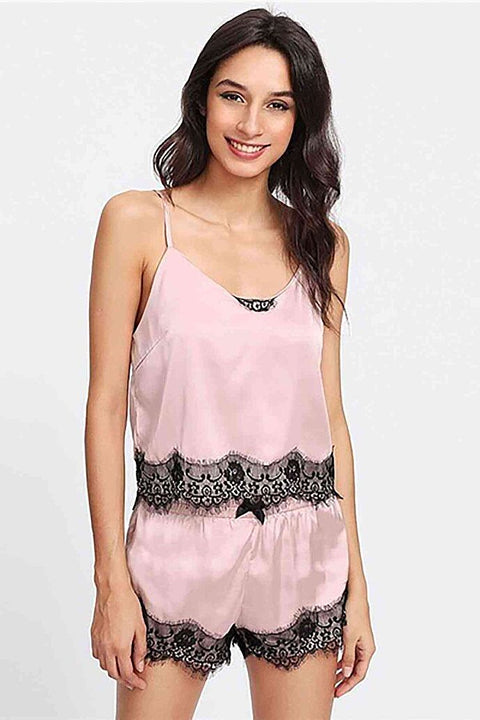 Merry See Dantel İşlemeli Saten Sortlu Gecelik Pijama Takım Pembe - görsel 6