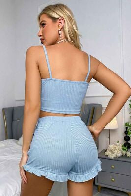 Merry See Dantelli Askılı Crop Üst ve Fırfır Paça Mini Şortlu Pijama Takım Mavi - görsel 2