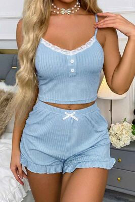 Merry See Dantelli Askılı Crop Üst ve Fırfır Paça Mini Şortlu Pijama Takım Mavi - görsel 4