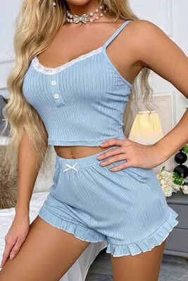 Merry See Dantelli Askılı Crop Üst ve Fırfır Paça Mini Şortlu Pijama Takım Mavi - görsel 5