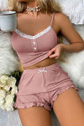 Merry See Dantelli Askılı Crop Üst ve Fırfır Paça Mini Şortlu Pijama Takım Pembe - görsel 1