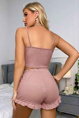 Merry See Dantelli Askılı Crop Üst ve Fırfır Paça Mini Şortlu Pijama Takım Pembe - görsel 2
