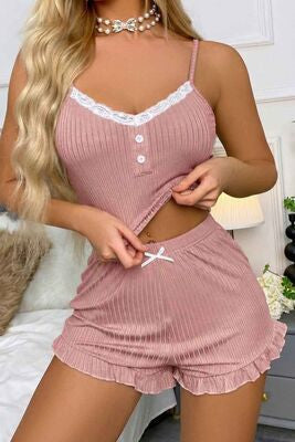 Merry See Dantelli Askılı Crop Üst ve Fırfır Paça Mini Şortlu Pijama Takım Pembe - görsel 3