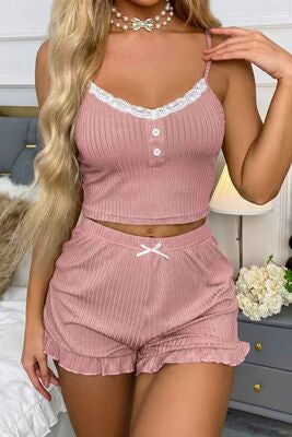 Merry See Dantelli Askılı Crop Üst ve Fırfır Paça Mini Şortlu Pijama Takım Pembe - görsel 4