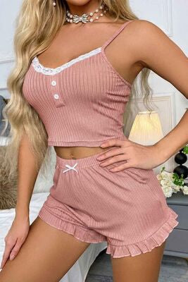 Merry See Dantelli Askılı Crop Üst ve Fırfır Paça Mini Şortlu Pijama Takım Pembe - görsel 5