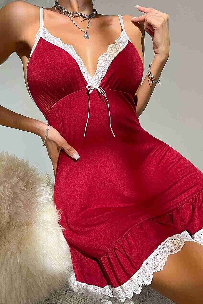 Merry See Dantelli İşleme Etek Büzgülü Penye Gecelik Kırmızı - görsel 1