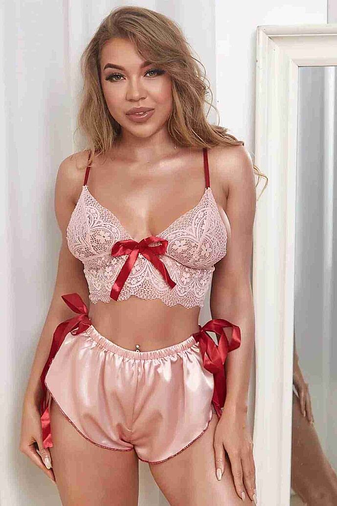 Merry See Dantelli Saten Şortlu Takım Pembe - görsel 5