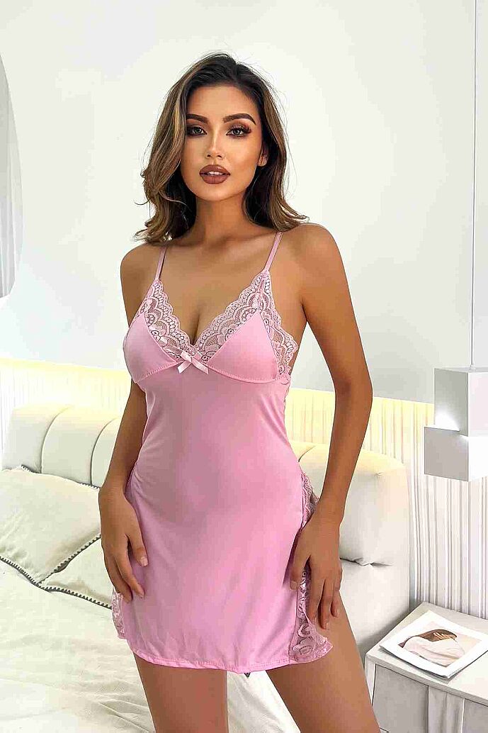 Merry See Dantelli Yanlardan Derin Yırtmaçlı Gecelik Pembe - görsel 3