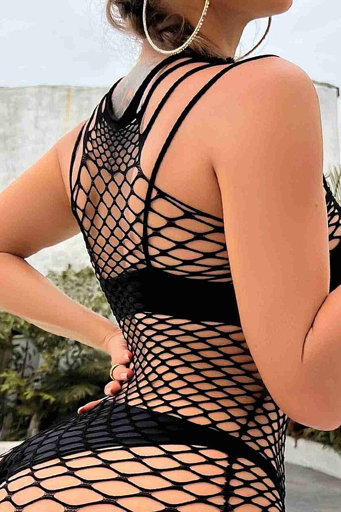 Merry See Fantezi Halter Yaka File Elbise Vücut Çorabı Siyah - görsel 3