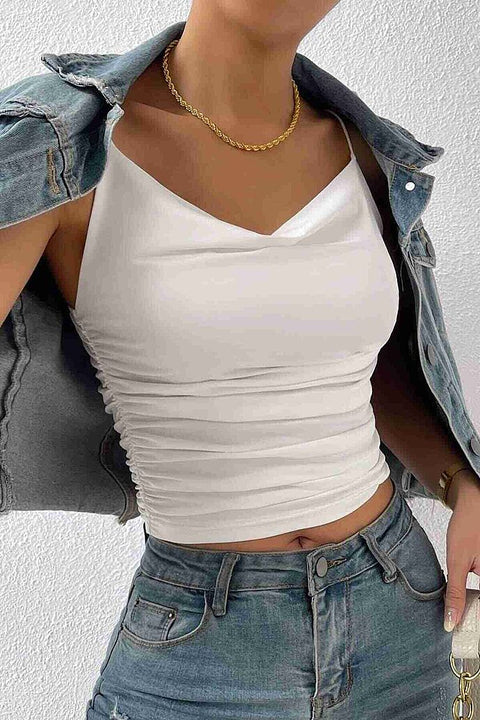 Merry See Kadın Kolsuz Askılı Degaje Yaka Bluz Crop Beyaz - görsel 6