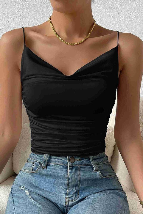 Merry See Kadın Kolsuz Askılı Degaje Yaka Bluz Crop Siyah - görsel 3