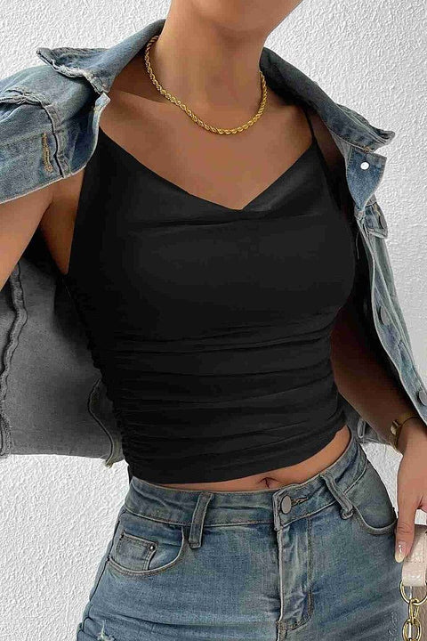 Merry See Kadın Kolsuz Askılı Degaje Yaka Bluz Crop Siyah - görsel 6