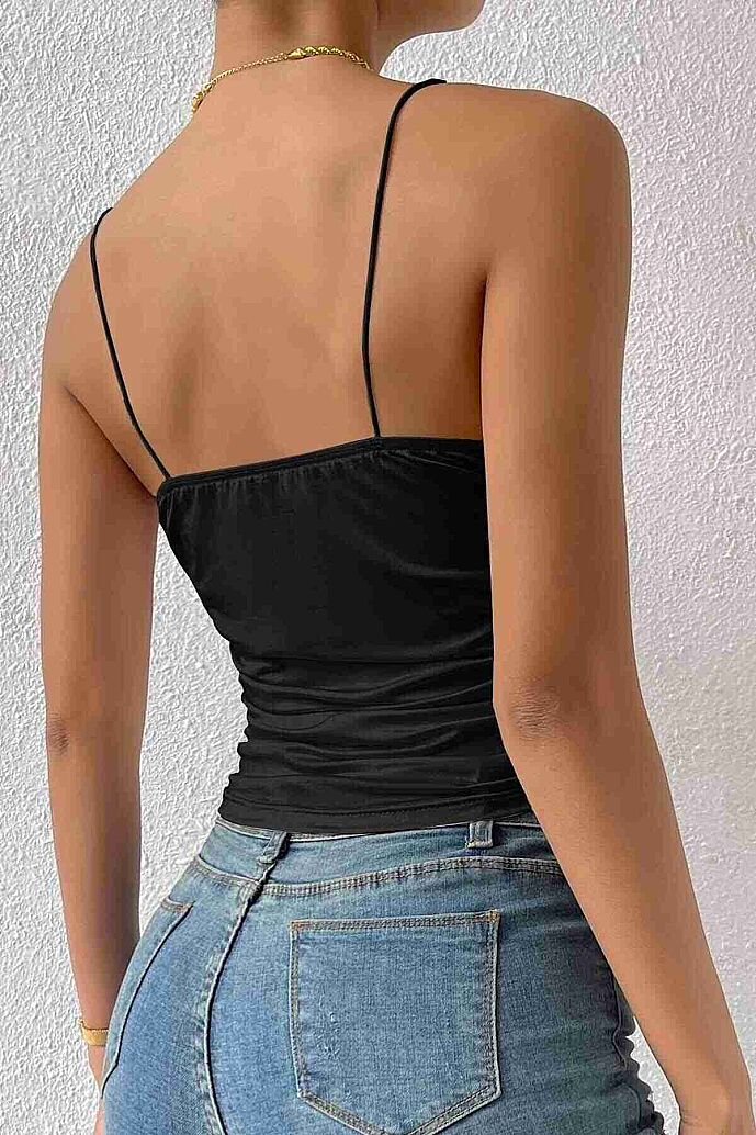 Merry See Kadın Kolsuz Askılı Degaje Yaka Bluz Crop Siyah - görsel 7