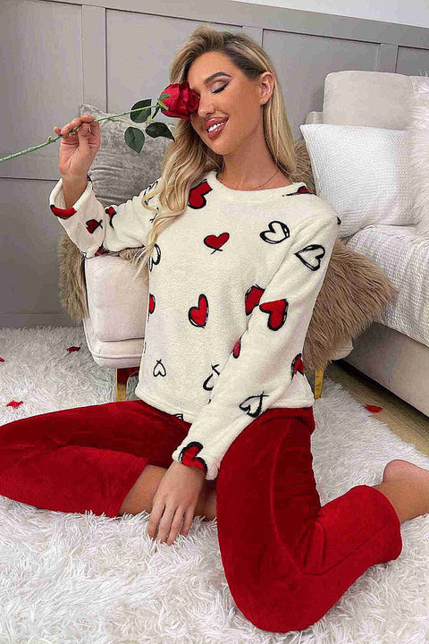 Merry See Kalp Baskılı Peluş Polar Alt Üst Uzun Kollu Pijama Takımı Çok Renkli - görsel 1
