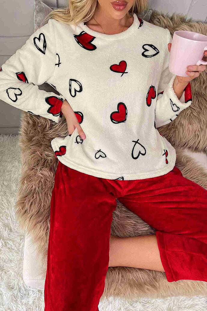 Merry See Kalp Baskılı Peluş Polar Alt Üst Uzun Kollu Pijama Takımı Çok Renkli - görsel 3