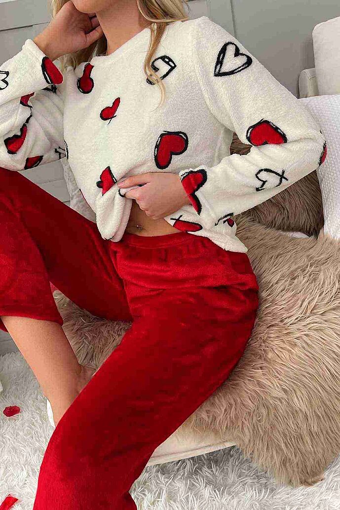 Merry See Kalp Baskılı Peluş Polar Alt Üst Uzun Kollu Pijama Takımı Çok Renkli - görsel 5