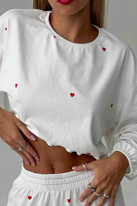 Merry See Kalp Baskılı Uzun Kollu İnce Kumaş Dökümlü Pijama Takımı Beyaz - görsel 3