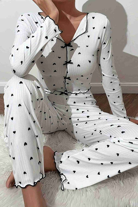 Merry See Kalp Baskılı Uzun Kollu Pijama Takımı Beyaz - görsel 1