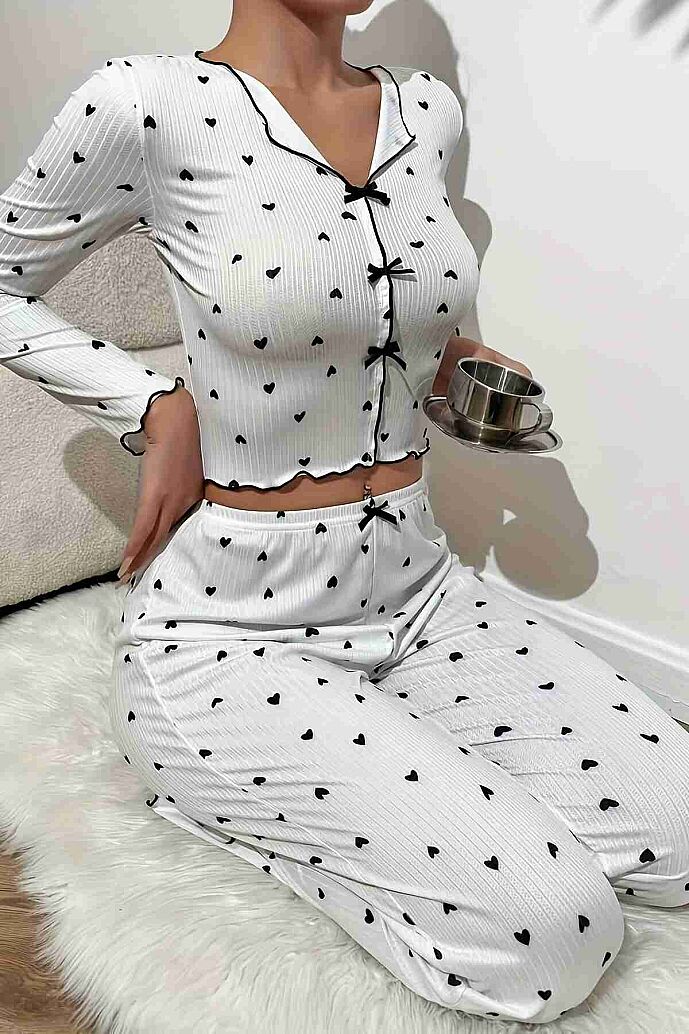Merry See Kalp Baskılı Uzun Kollu Pijama Takımı Beyaz - görsel 2