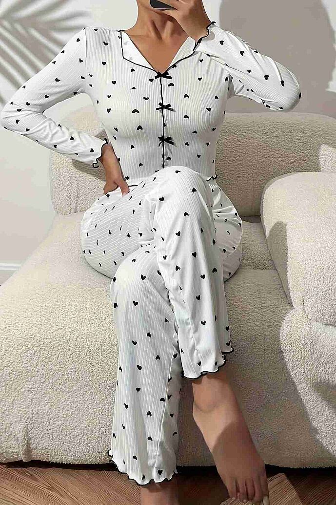 Merry See Kalp Baskılı Uzun Kollu Pijama Takımı Beyaz - görsel 4
