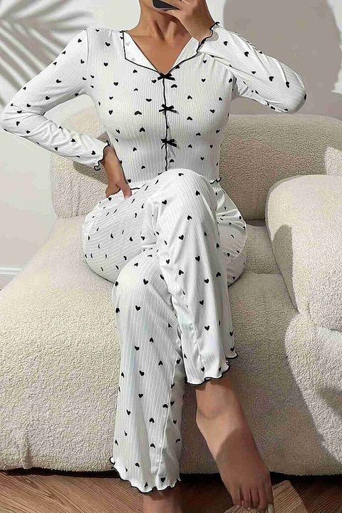 Merry See Kalp Baskılı Uzun Kollu Pijama Takımı Beyaz - görsel 4
