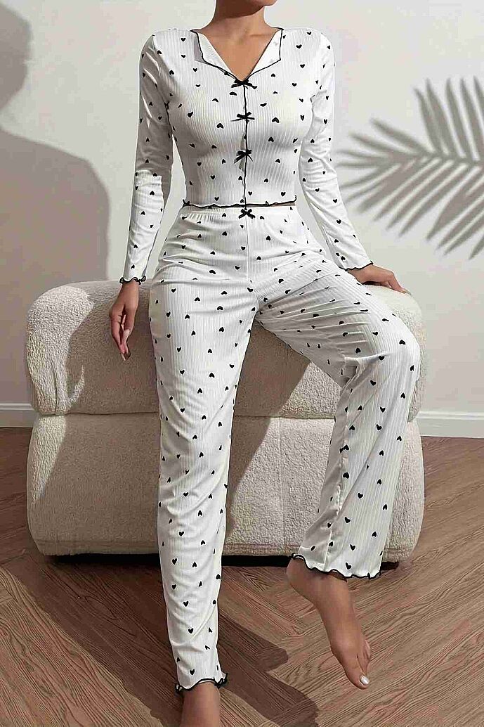 Merry See Kalp Baskılı Uzun Kollu Pijama Takımı Beyaz - görsel 5