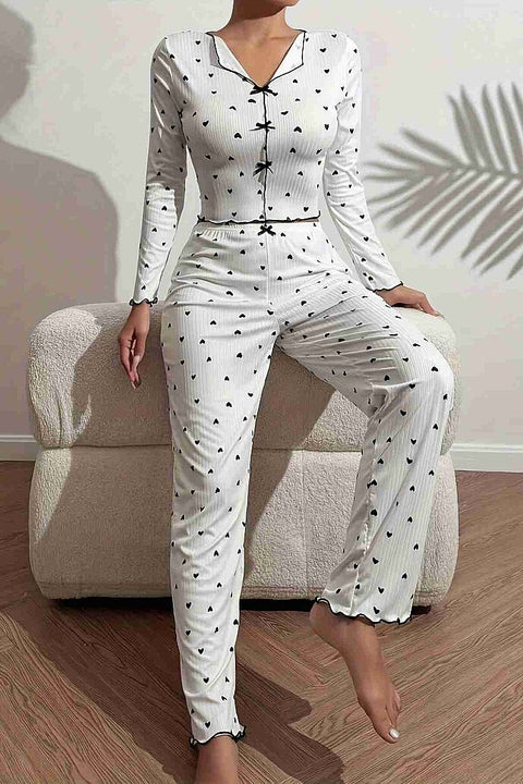 Merry See Kalp Baskılı Uzun Kollu Pijama Takımı Beyaz - görsel 5