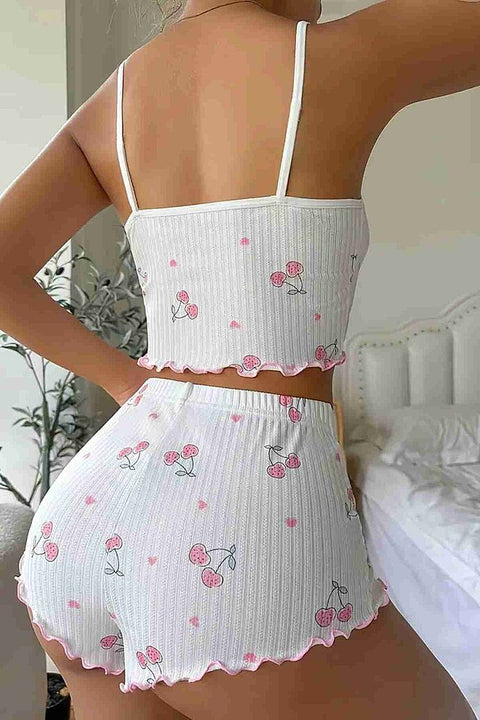 Merry See Kiraz Baskılı Askılı Şortlu Pijama Takımı Beyaz - görsel 2