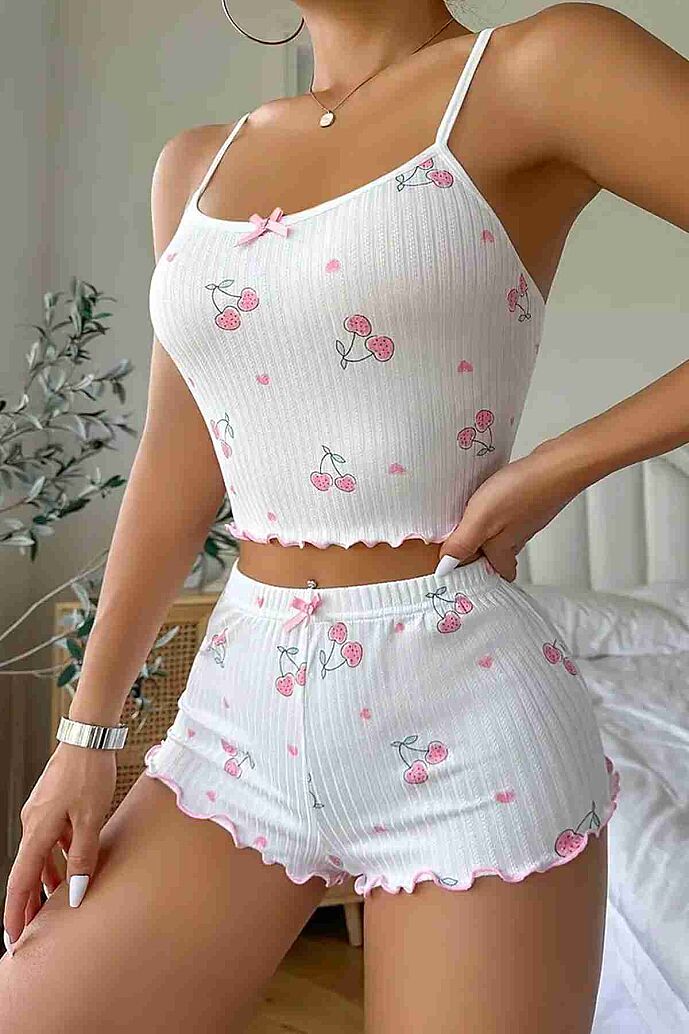 Merry See Kiraz Baskılı Askılı Şortlu Pijama Takımı Beyaz - görsel 4