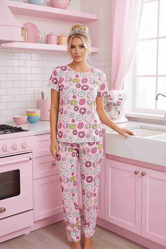 Merry See Kısa Kollu Alt Uzun Donut Baskılı Pijama Takımı Çok Renkli - görsel 3