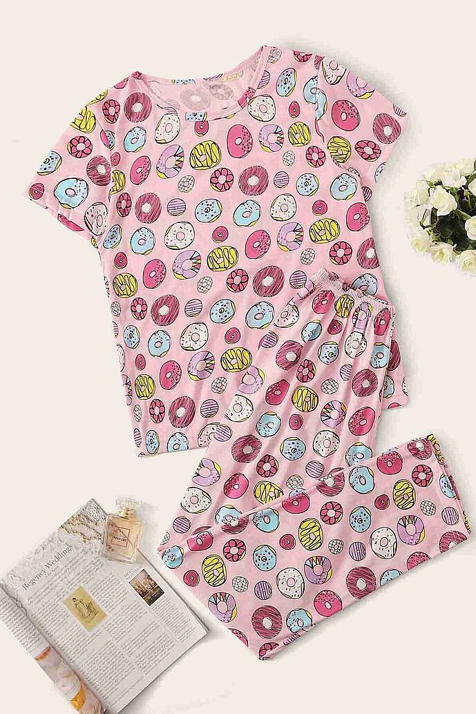 Merry See Kısa Kollu Alt Uzun Donut Baskılı Pijama Takımı Çok Renkli - görsel 5
