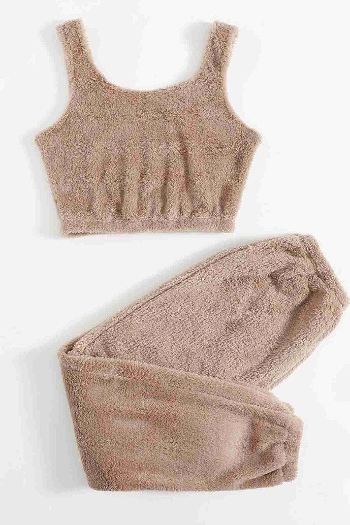 Merry See Kolsuz Askılı Peluş Polar Alt Üst Pijama Takımı Kahverengi - görsel 2